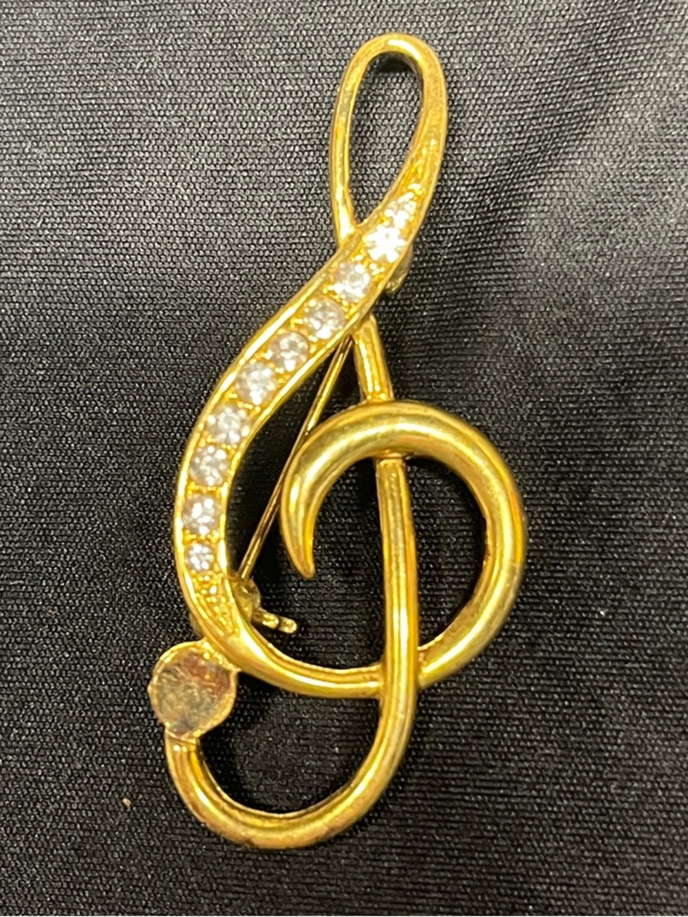 Gold Tone Treble Clef Brooch with Crystal Accents - Women Jewelry